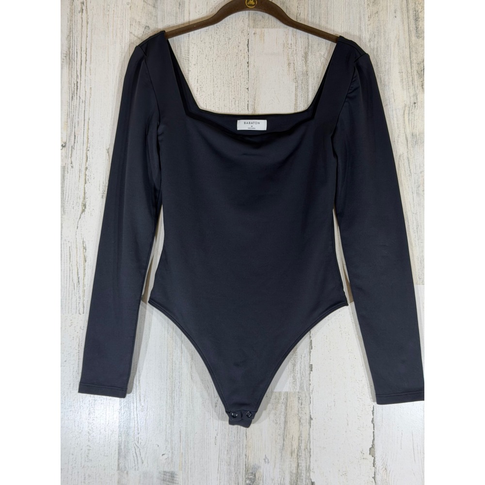 Babaton Bodysuit Medium Black Square Neck Long Sleeve Contour Basic Minimalist